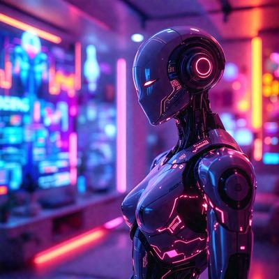 The primary subject of the image is a robotic woman with a futuristic appearance. She is standing in a room with a purple and pink neon light background, which adds a unique and vibrant atmosphere to the scene. The visual style of the image is a combination of photo and digital art, creating a striking and eye-catching representation of the robotic woman. The colors and mood of the image are predominantly purple and pink, giving it a sense of futuristic and technological ambiance